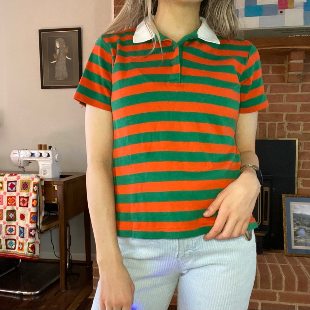 Vintage 80s Villager Soft Boxy Polo Shirt Crop Colorful Horizontal Rugby… - Picture 2 of 11